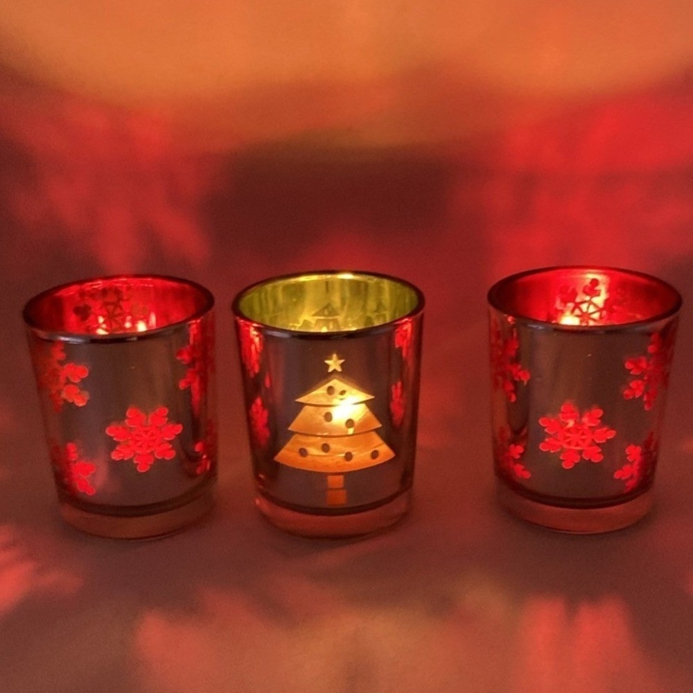 Set of 3 Christmas Glass Votive Candle Holder with Mirrored Finish, Red, Green